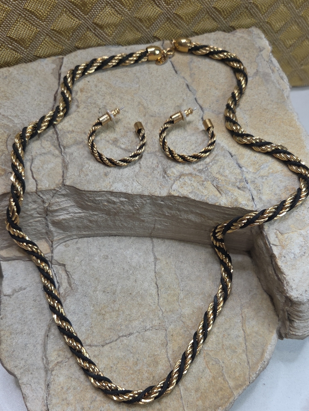 Vintage Trifari Classic Gold and Black Twisted Rope Necklace & Hoop Earring Set